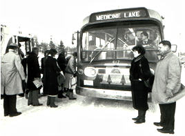 People boarding bus (b&w)