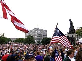 Crowd waving flags