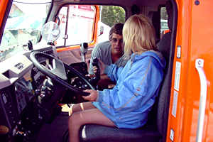 Mn/DOT worker, girl in truck