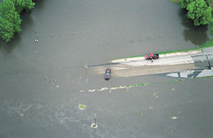 Aerial view of flooded road