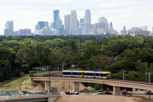 Skyline of Mpls & LRT train