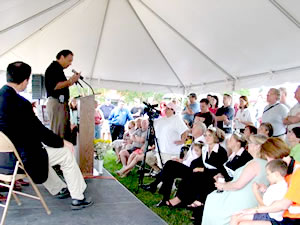 News conference in tent