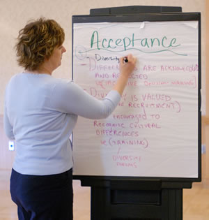 Woman writing on flip chart