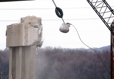 Wrecking ball hits bridge pier