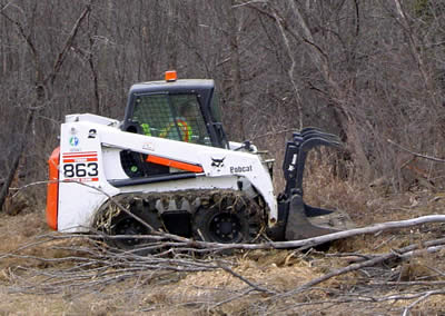 Man in Bobcat clearing brush