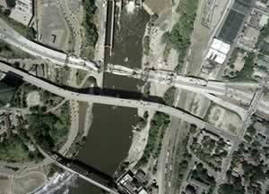 Aerial view of bridge collapse, Aug 3