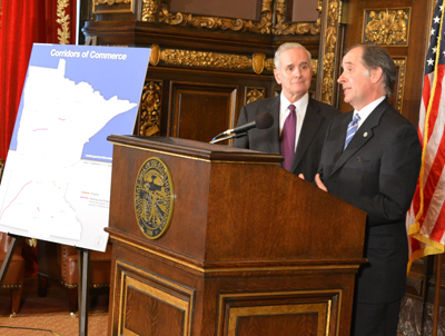 Photo of Governor Dayton and Commissioner Zelle when they announced the Corridors of Commerce projects