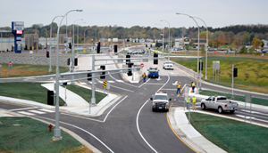 Photo of diverging diamond interchange at the intersection of Hwy 15 and County Road 120.