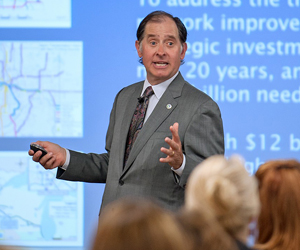 Photo of Commissioner Zelle speaking to group