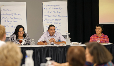 Photo of Melanie Benjamin, Mille Lacs Band of Ojibwe chief executive; Kevin Jensvold, Upper Sioux Community chairman; and Dr. Erma Vizenar, White Earth Nation.