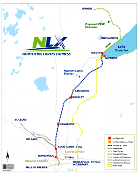 Map of proposed Northern Lights Express passenger train route