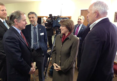 Photo of Sen. Matt Schmit, MnDOT Commissioner Charlie Zelle, District 6 district engineer Jeff Vlaminck, U.S. Sen. Amy Klobuchar and U.S. Rep. John Kline.