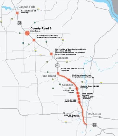 Map of Hwy 52 between Twin Cities and Rocheste.