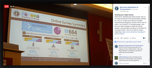 Screenshot of Facebook Live video of MnDOT open house. Shows online survey summary and comment section of Facebook.