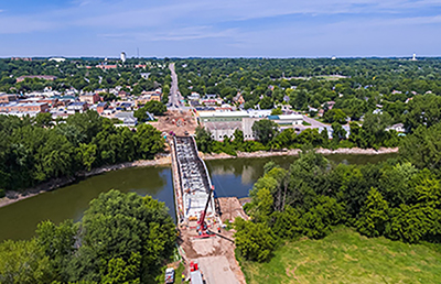 Aerial view of construction work on Hwy 99 bridge over the Minnesota River near St. Peter