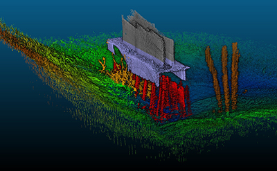 Sonar image beneath Rock River bridge pier.