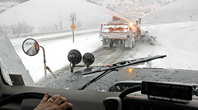 Photo from inside a snowplow.