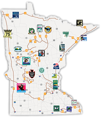 Map of state of Minnesota depicting locations of 21 scenic byways