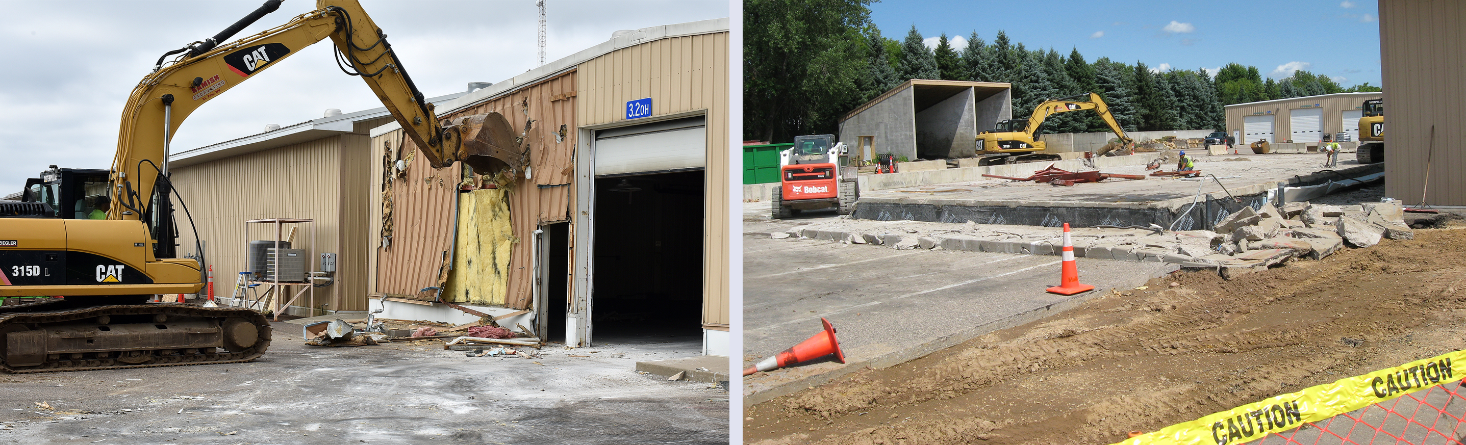 Two pictures - the one on the left shows an excavator beginning the process of tearing the old sign shop building down, and the one on the right shows the empty site after the demolition was complete