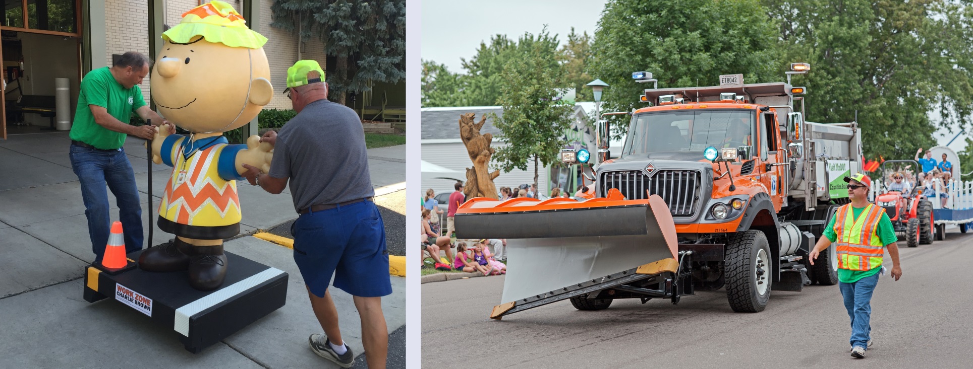 Two photos: one shows two men moving a large statue of Charlie Brown dressed in road safety gear, and the other shows a MnDOT plow truck in a State Fair parade