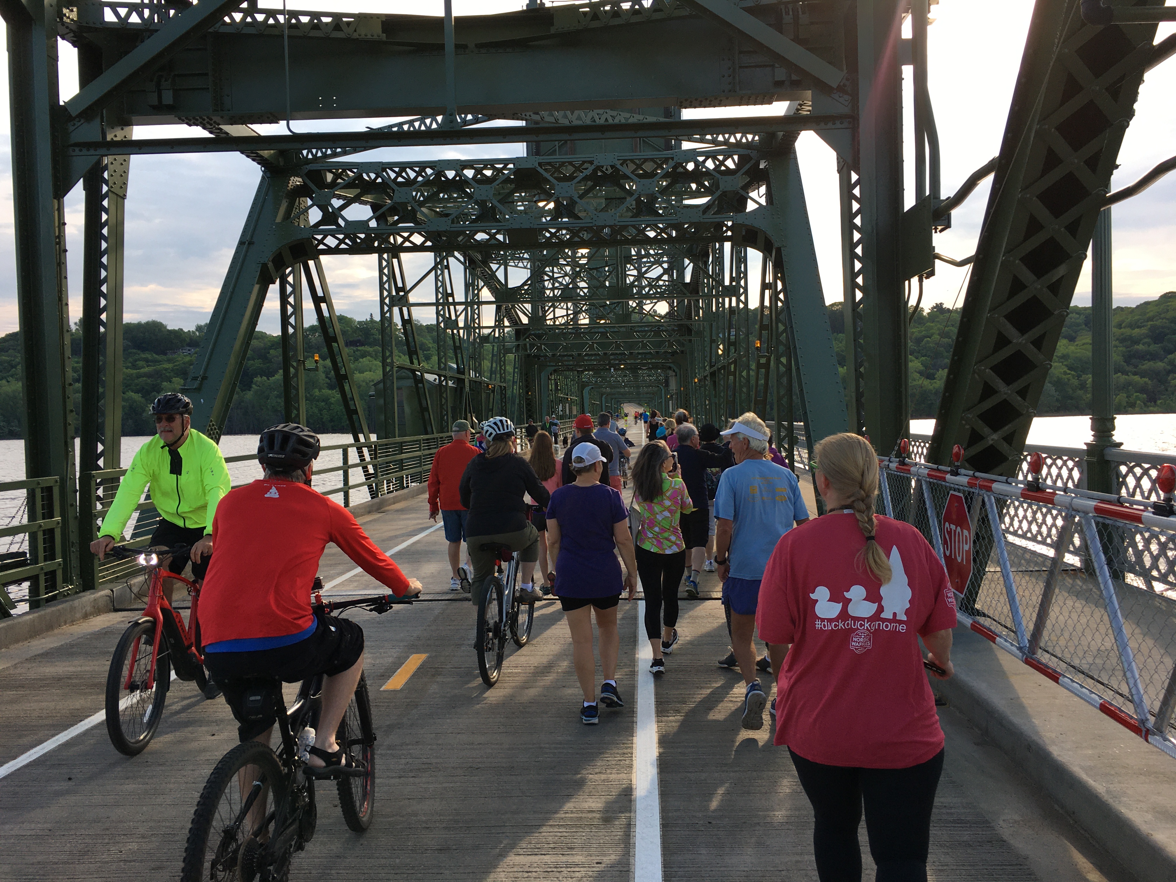 Photo: People crossing the newly reopened Stillwater Lift Bridge. Some are walking, some are biking.