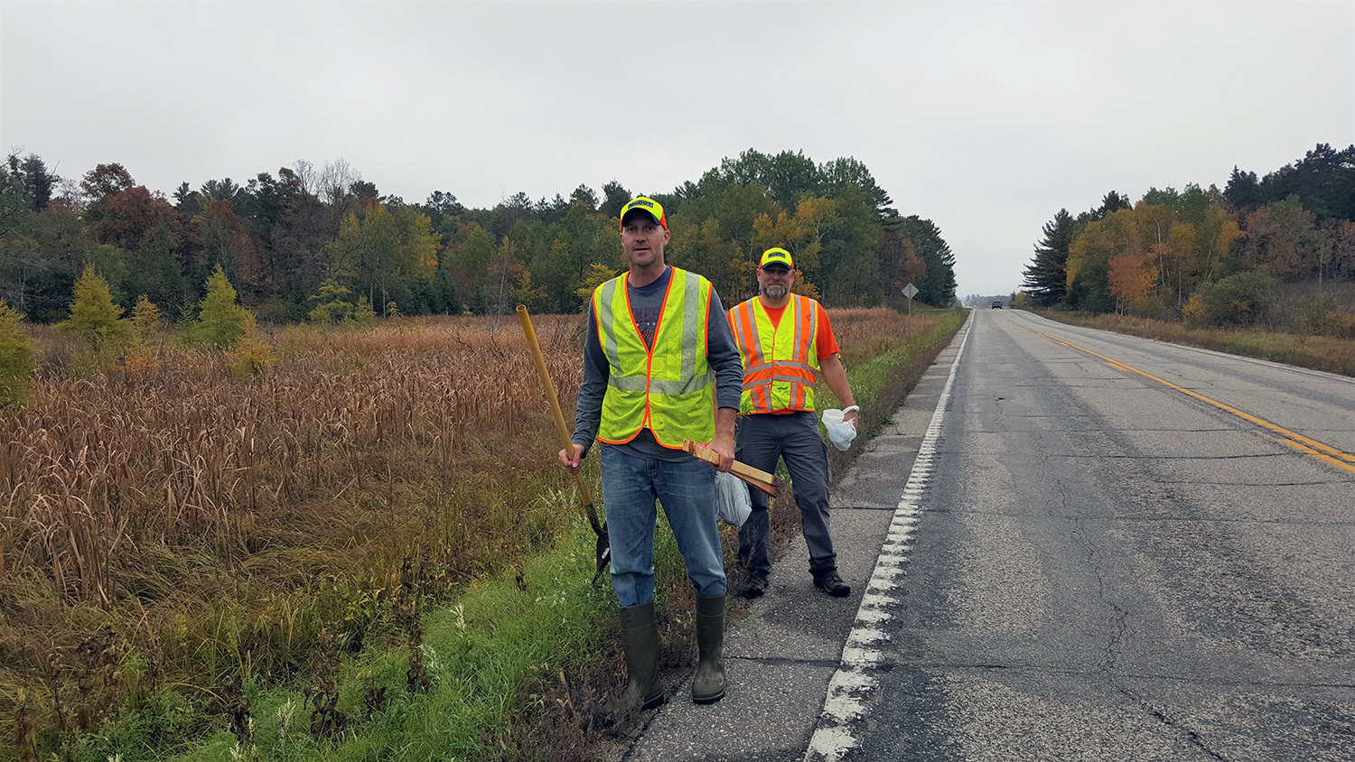 Photo: MnDOT crew members, standing near grass next to a road