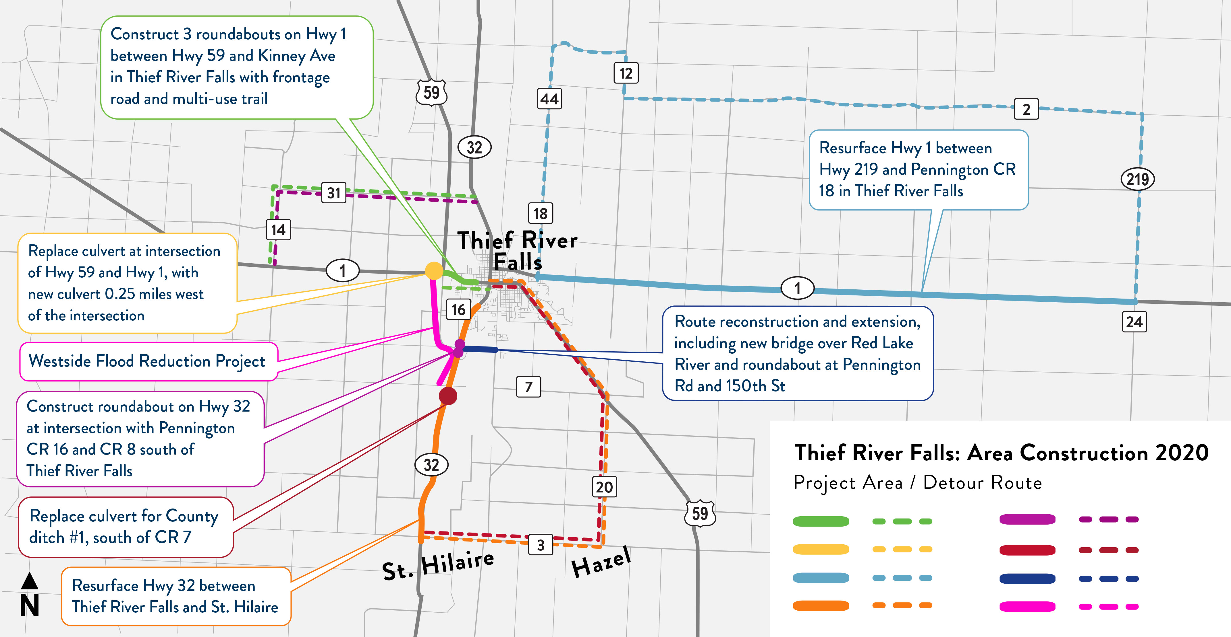 This image is a visual representation of the construction projects going on in the Thief River Falls area this year. The projects are listed within the text of the story in numerical order according to road name