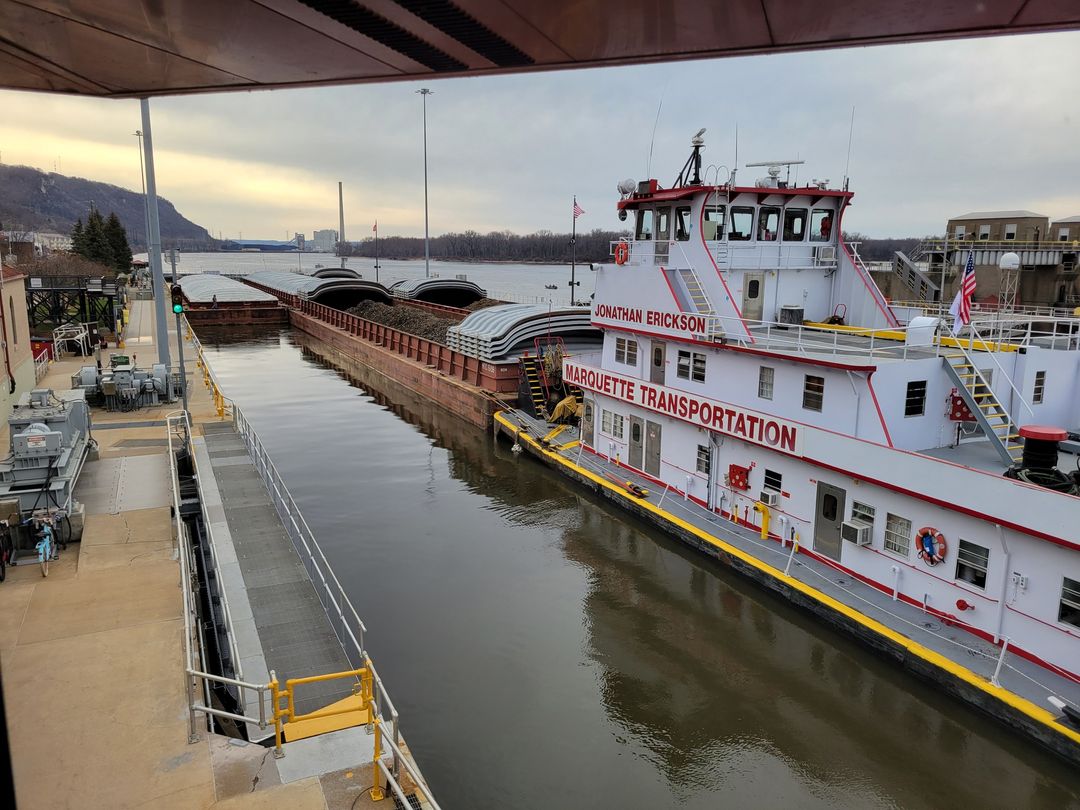 Photo: a large commerial boat on the river