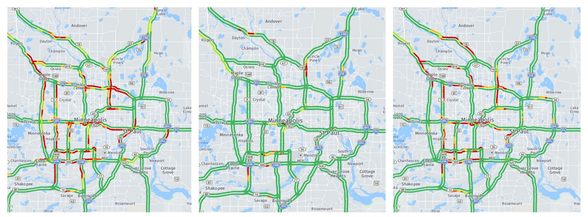Three maps showing varying traffic levels.