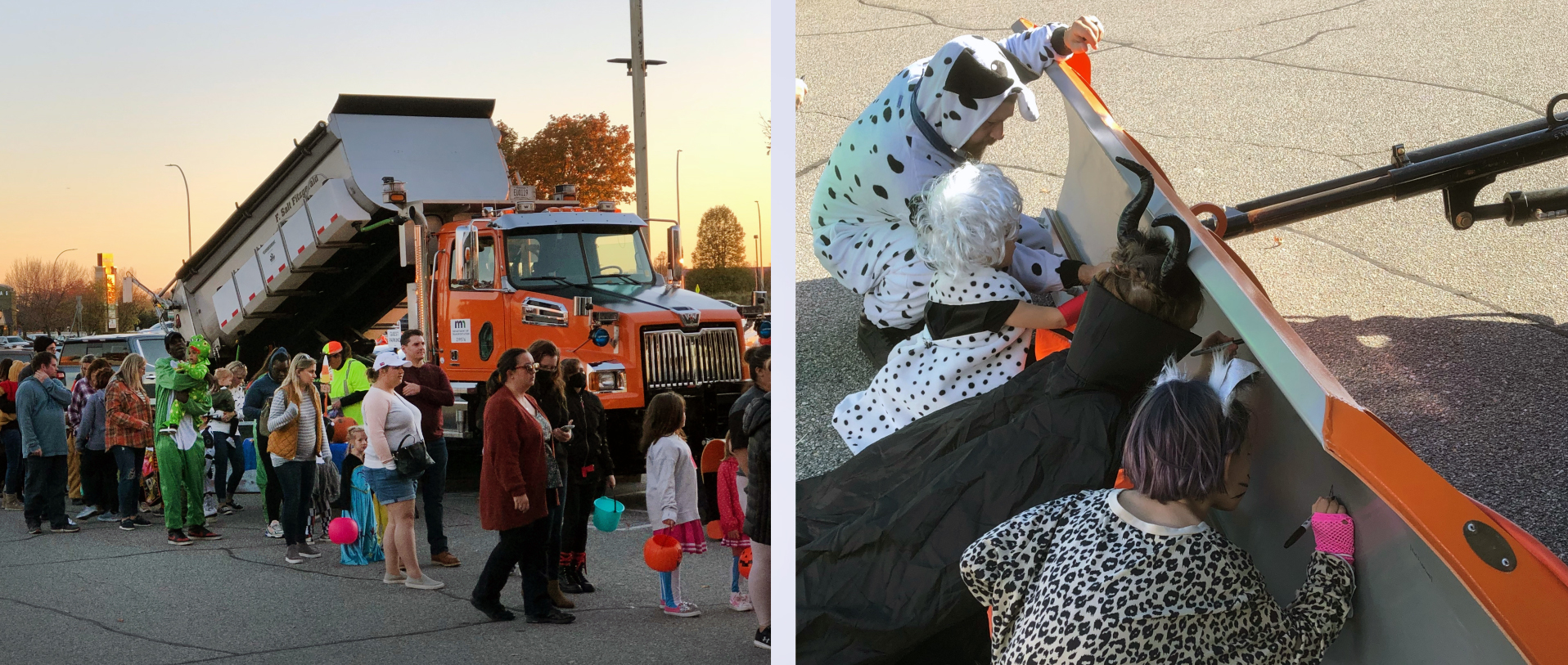 Photo: trick or treaters near a MnDOT plow truck