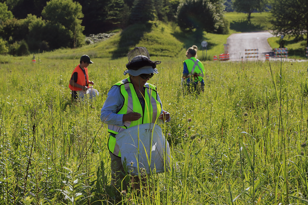 Photo: People picking up trash in a prairie field
