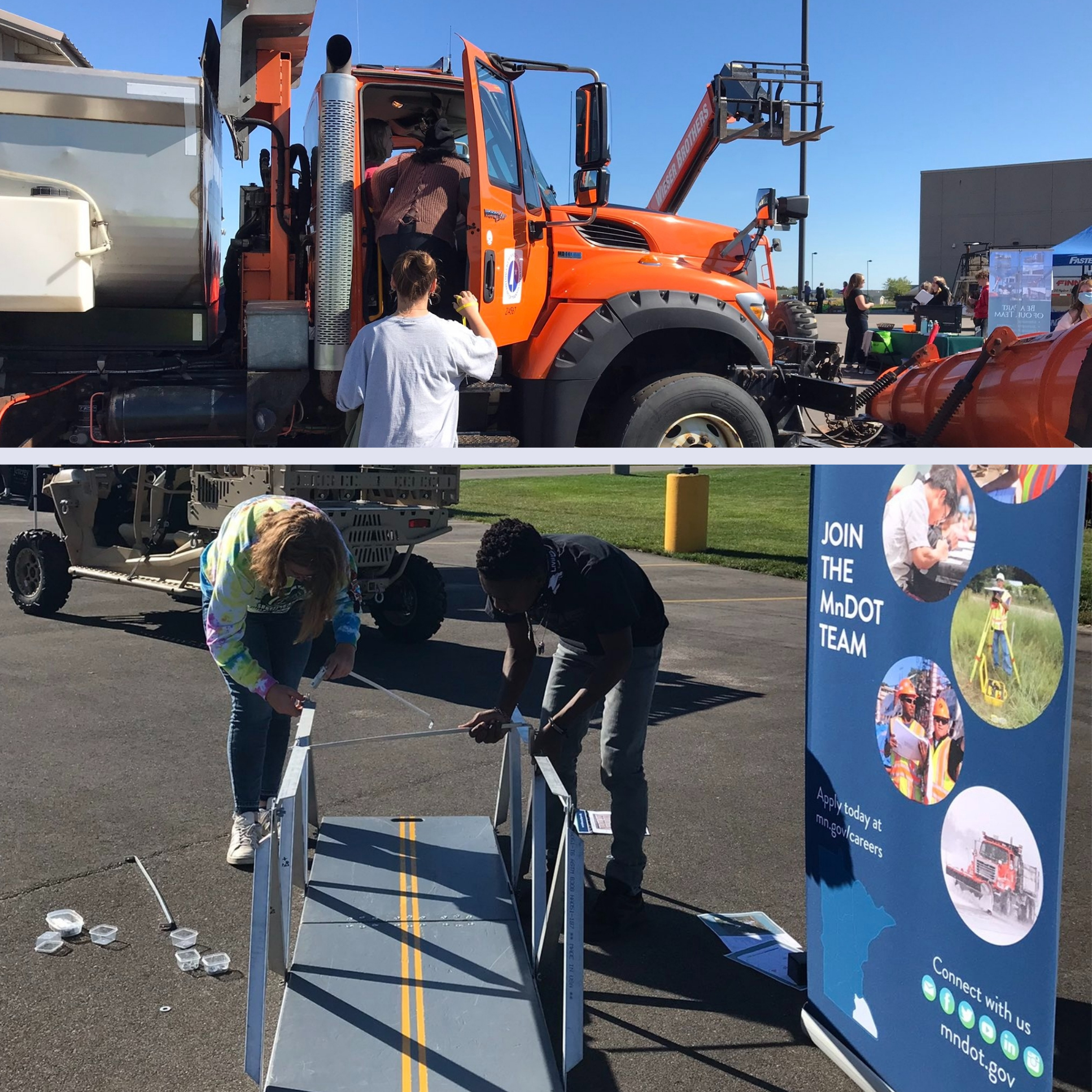 Two photos: top photo shows students looking at a MnDOT plow, and bottom photo shows two students building a model bridge