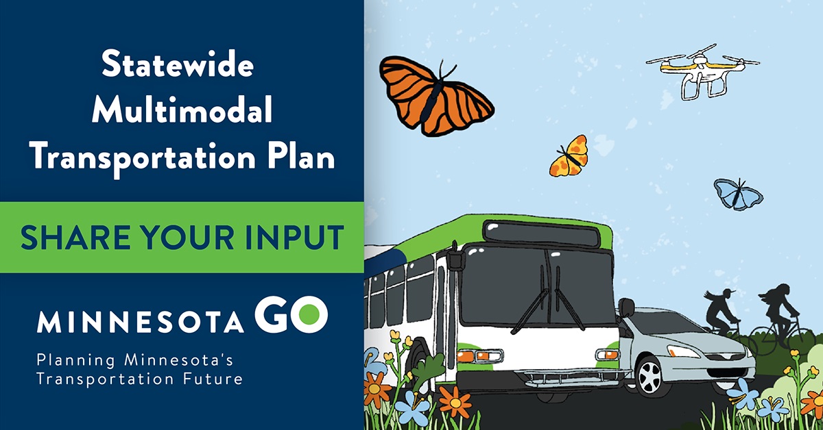 Graphic of bus, car, bicyclists, butterflies and flowers