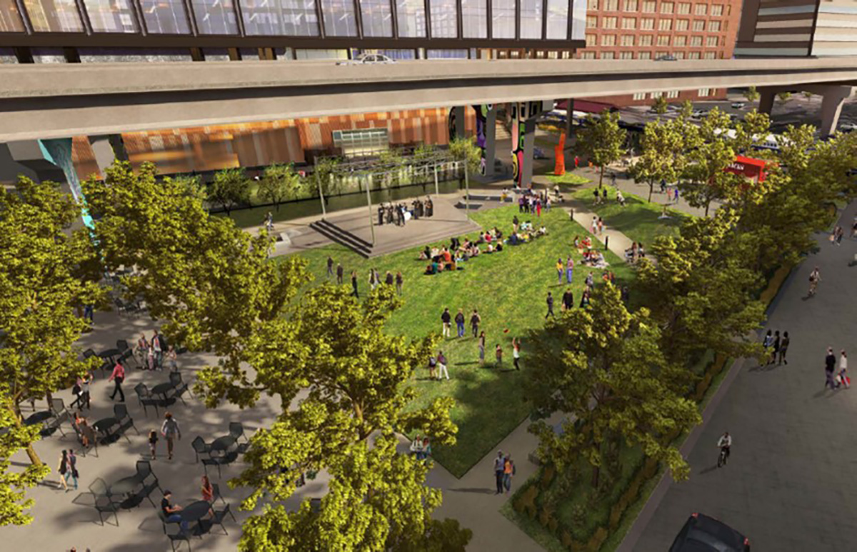 Artist rendering of future green space and plaza for outdoor events