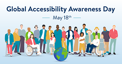 Graphic: A diverse group of people in a line, facing forward and positioned behind a small globe in the bottom center.