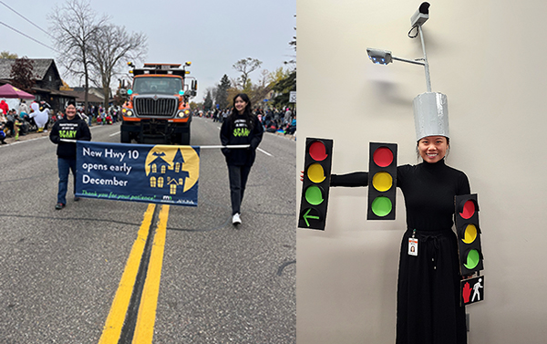 Photo: MnDOT employees marching in parade and Kao Soua Yang in Halloween costume.