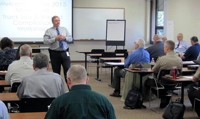 Photo of Mike Barnes speaking at Truck Size and Weight compliance workshop.