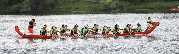 A red boat with a dragon head on the very front of it, being rowed by two rows of rowers.