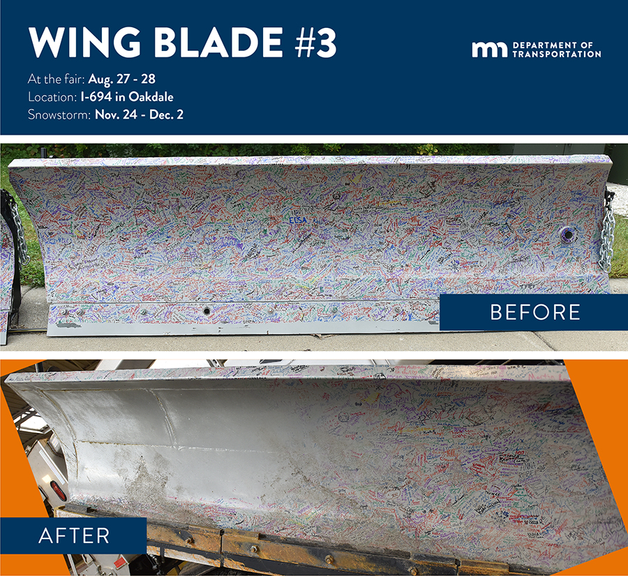 Two photos of the same snowplow wingblade. One shows the blade covered with signatures, and the other, showing the blade after use, shows that more than half the signatures have been worn away by snow