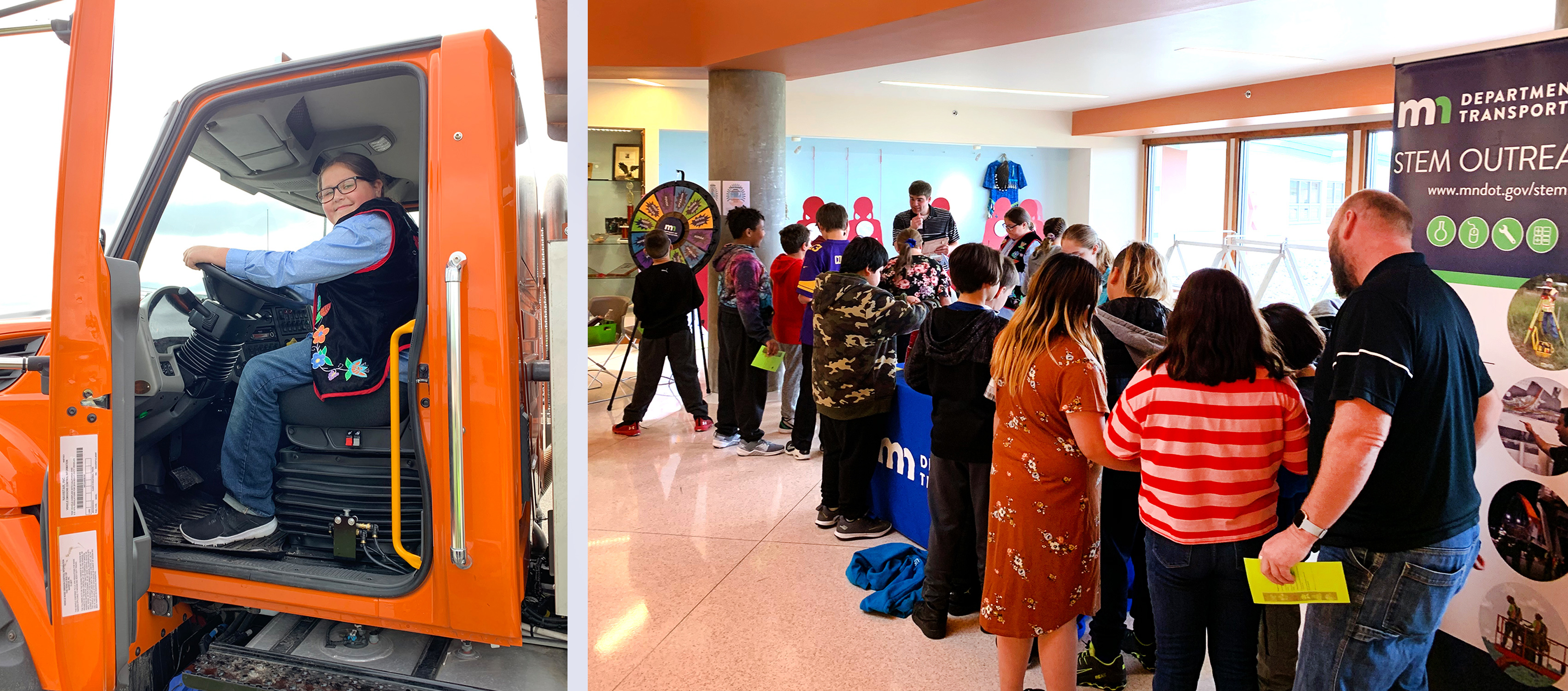 Two pictures: the one on the left is a child sitting behind the wheel of a plow truck, and the one on the right shows adults and children lined up at a MnDOT table