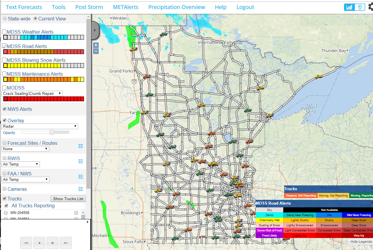 This screenshot shows a large map of Minnesota, with data indicators superimposed over various locations
