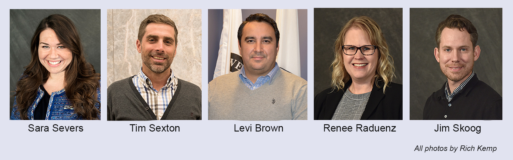 Five headshots of, from left, Sara Severs, Tim Sexton, Levi Brown, Renee Dauenz, and Jim Skoog