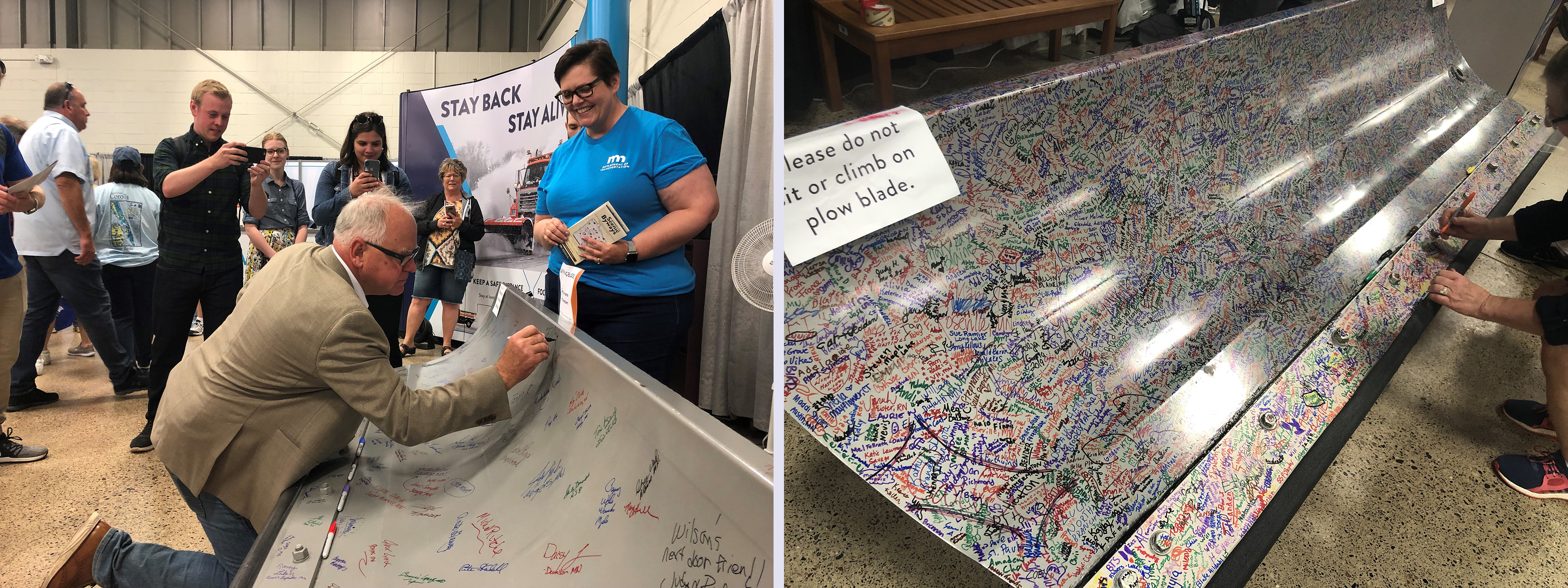 At left, Gov. Tim Walz signs the plow blade at the Minnesota State Fair, at right, a close-up photo of the hundreds of signatures, in different colors, left on a different blade.