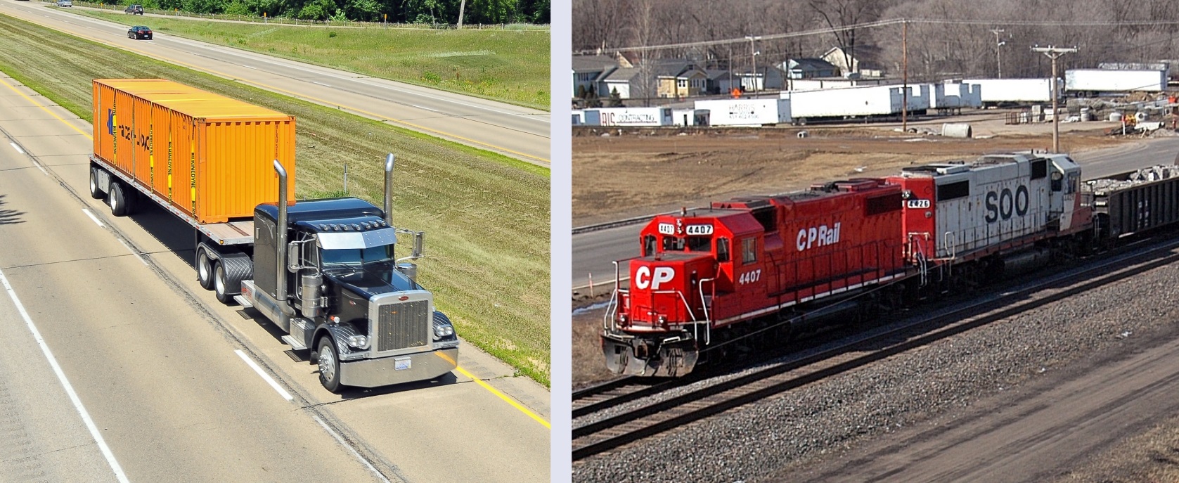 Two photos: one of a train and another of a semi truck on the highway
