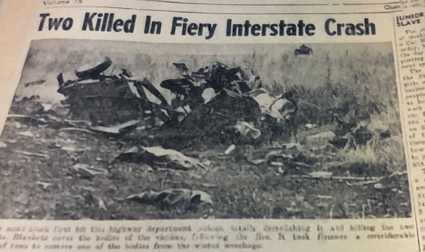 Photo: an old newspaper. The main headline says two killed in fiery interstate crash