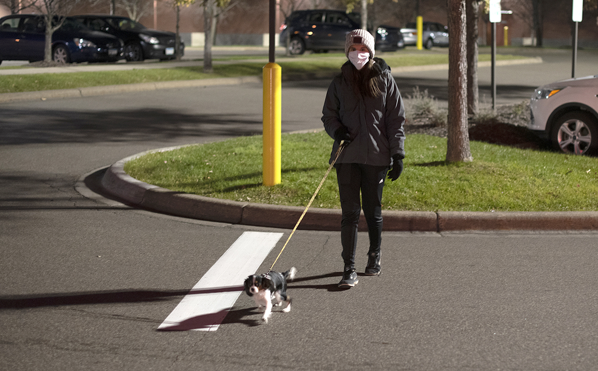 Photo: a woman walking her dog across the street