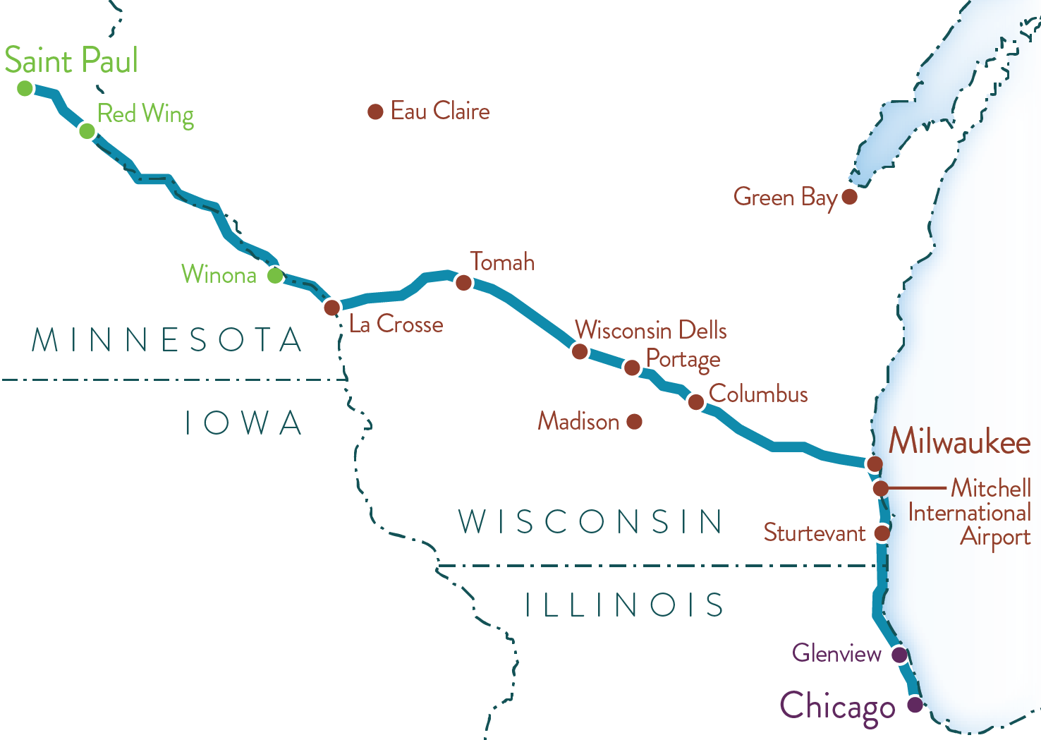 Photo: map of the proposed train route from St. Paul to Chicago