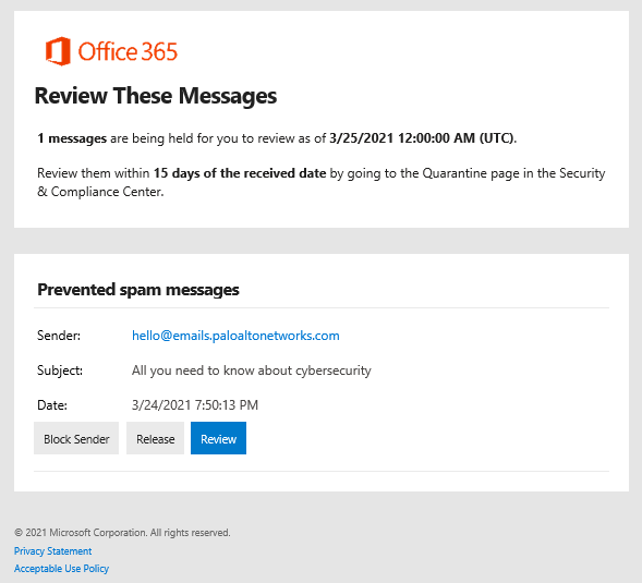 Photo: screen grab of quarantined email message