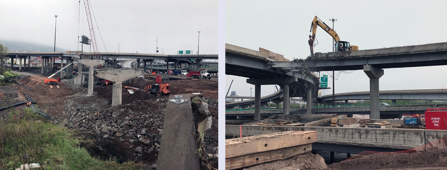 Two photos of highway overpasses in various states of demolition